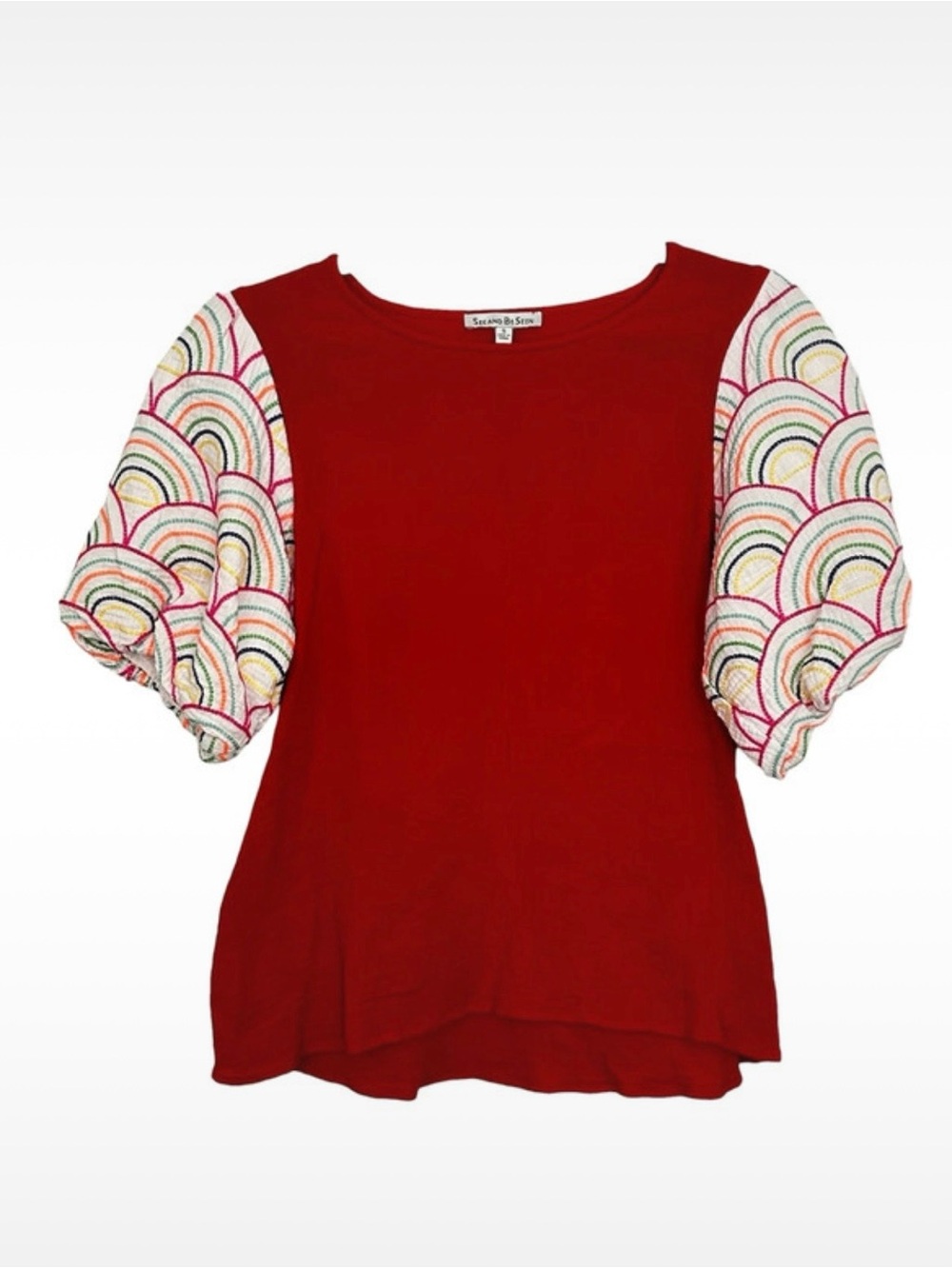 See And Be Seen Women’s Gauze Embroidered
Puff Sleeve Top Sz S